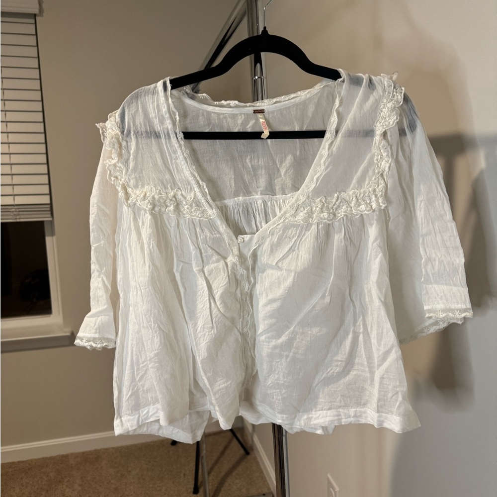 Free People White Blouse with Ruffle Trim
